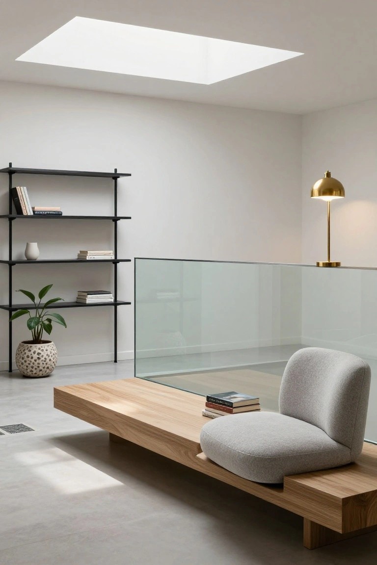 White interior room with black metal bookshelf holding books and plants, gold floor lamp, gray plush chair on light wood cantilevered bench next to glass balcony railing, skylight above, polished concrete floor.