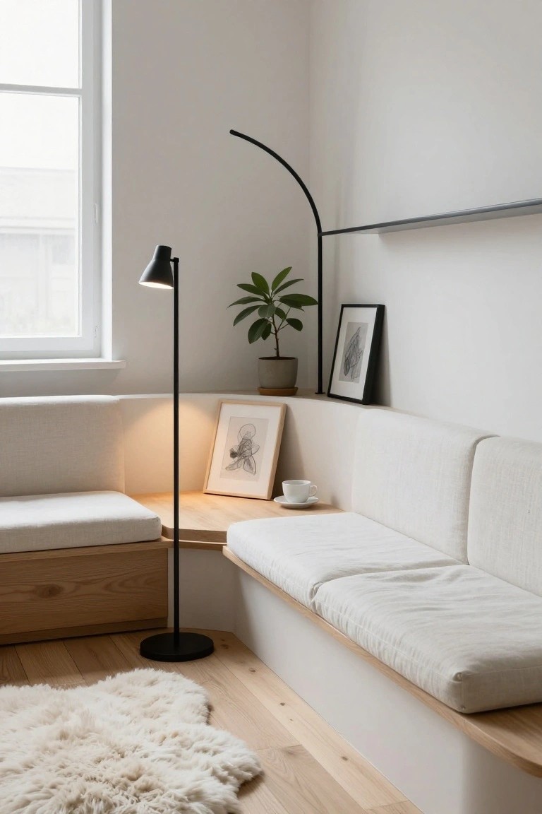 White upholstered corner bench on light wood platform with integrated side table, black arc floor lamp, potted plant in gray pot, framed artwork, and white saucer next to large window in bright room with light wood floor and white sheepskin rug.