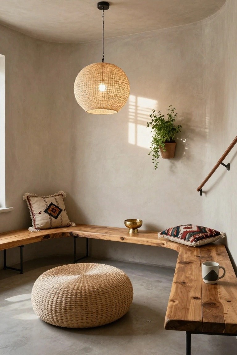 Curved live-edge wooden bench on black metal legs in a beige curved-wall corner with rattan pouf, patterned pillows, brass bowl, white mug, potted plant on wall, wooden handrail, and woven pendant lamp over concrete floor.