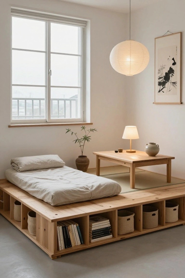 Minimalist bedroom interior with raised wooden platform bed containing built-in cubbies stocked with books and baskets, low wooden table with lamp teacup and vase, plants, paper lantern overhead, ink painting on wall, and large window with balcony view.