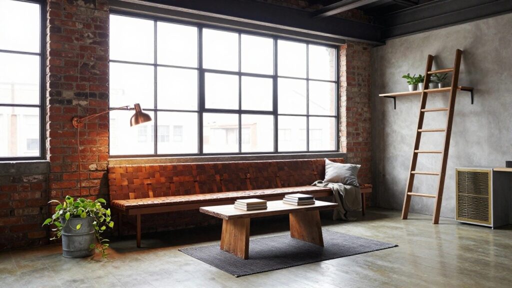 Loft interior with large multi-pane windows, exposed brick walls, tall wooden ladder bookshelf filled with books, brown leather bench with gray and white pillows, wooden stool holding stacked books, potted plant, and gray rug on wood floor.