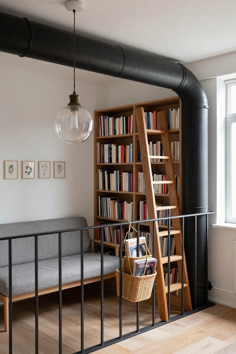 Tall wooden bookshelf with sliding ladder next to a gray bench and black metal railing in a white-walled loft space with pendant light and exposed black ductwork.