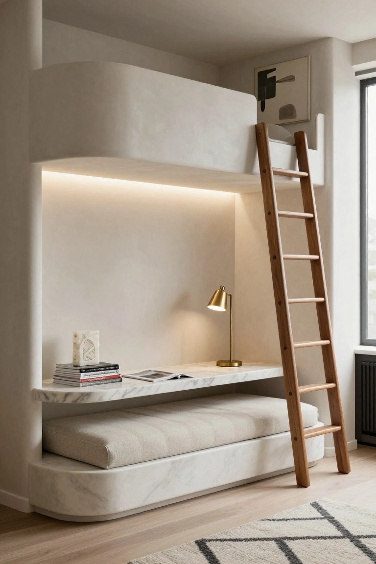 Curved white plaster bunk bed loft with wooden ladder, marble desk holding books and gold lamp below, cushioned beige bench, in a light beige room with window and artwork.
