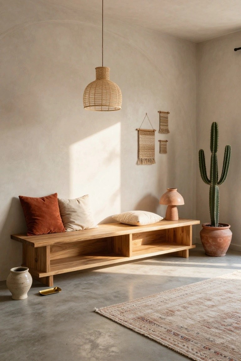 Corner of a light beige room with wooden bench seat holding red and white cushions, terracotta lamp next to potted cactus in red pot, rattan pendant light overhead, woven wall hangings, and concrete floor with beige rug.