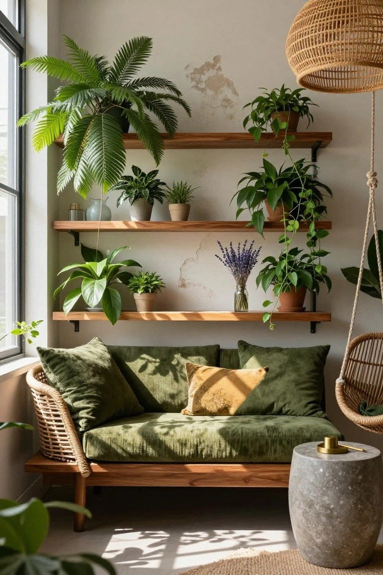 Indoor window corner featuring wooden floating shelves filled with potted plants and trailing greenery, a low rattan-edged green velvet couch below, a hanging rattan chair, woven pendant lamp, and concrete stool nearby.