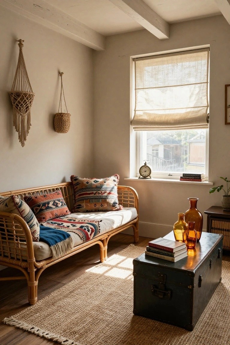 A small beige interior room with a rattan daybed piled with colorful patterned pillows and blankets, macrame and basket wall hangings, a window with linen roman shades, a wooden trunk table with books and amber glass bottles, and a seagrass rug.