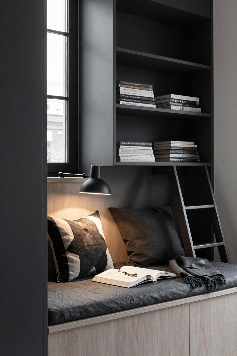 Built-in black bookshelves with a sliding ladder beside a cushioned window seat holding pillows, an open book, and a scarf, next to a large window with a black wall lamp.