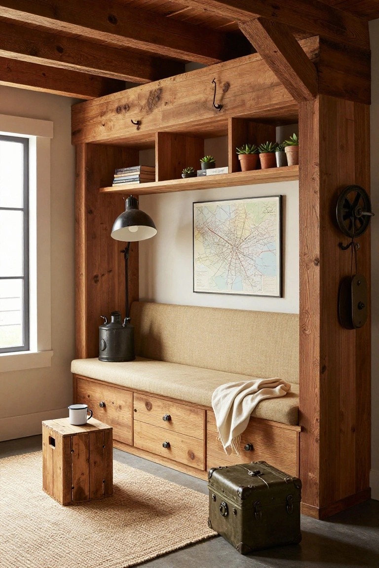 Wooden built-in bench seating with storage drawers below and open shelves above holding books and potted plants, next to a window in a room with exposed beams, a pendant lamp, a metal bucket, and a wall map.