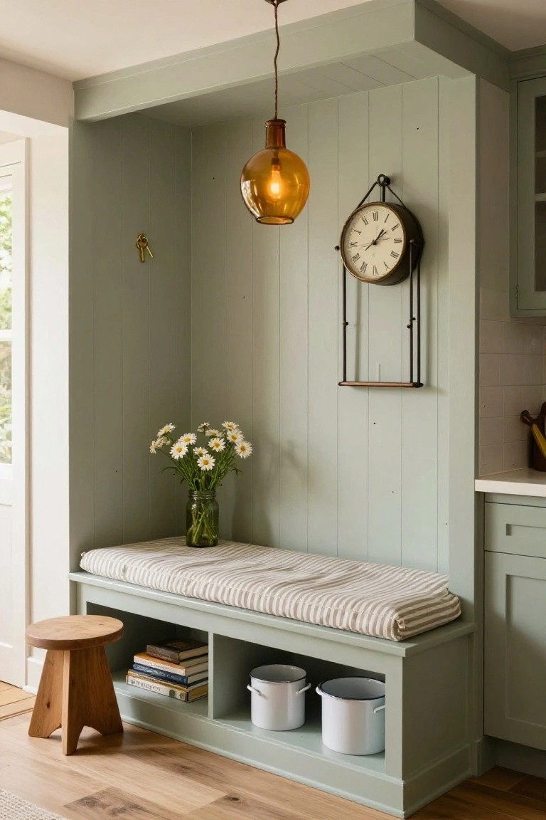 Pale green shiplap-walled alcove with cushioned bench seat on storage base holding books and white metal buckets, wooden stool beside it, vase of white daisies, hanging clock, and amber pendant light, next to kitchen cabinets on wooden floor.