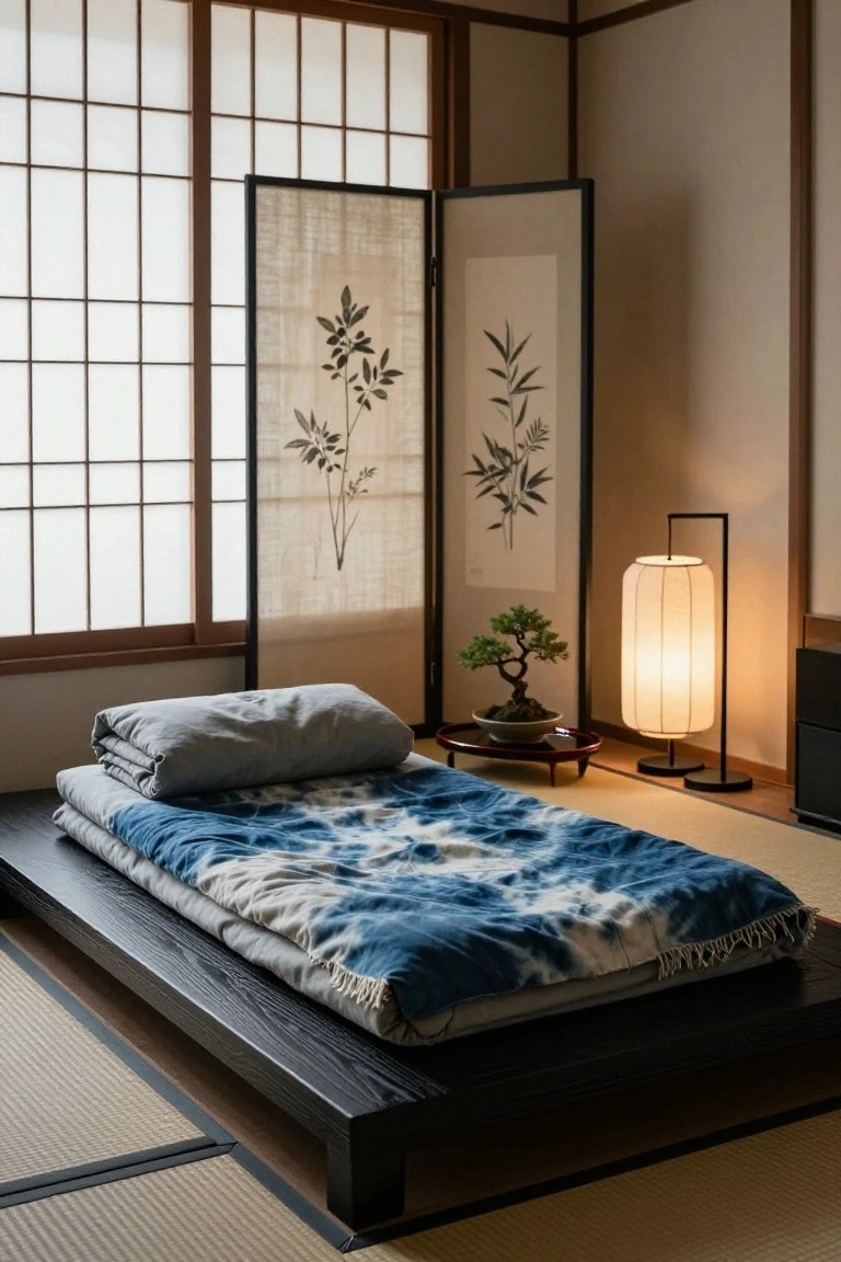Minimalist Japanese-style bedroom with shoji windows, folding screens with leaf motifs, low black platform bed draped in blue shibori quilt and gray sheets, bonsai tree, and tall lamp on tatami floor.