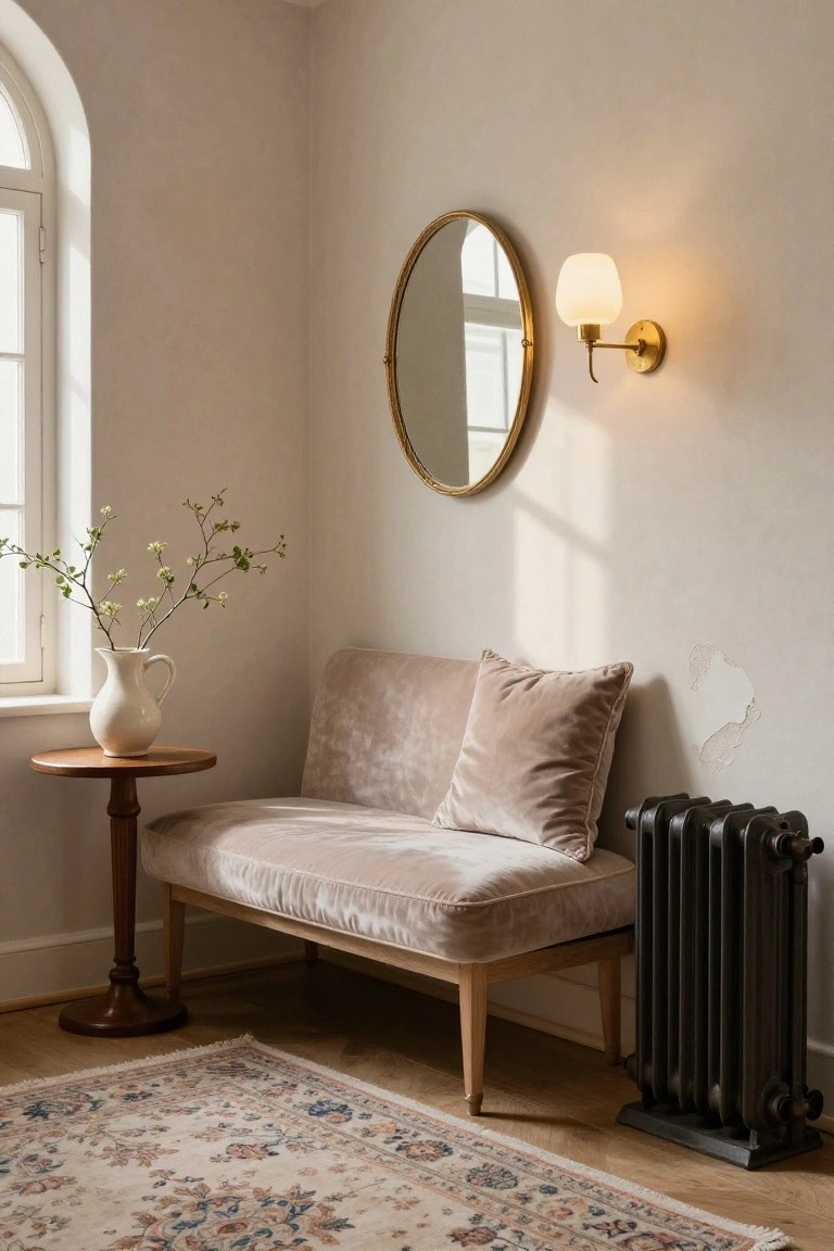 Corner of a light beige room with arched window, gold round mirror and wall lamp, white jug vase with branches on wooden pedestal table next to pinkish velvet loveseat with pillows, black cast iron radiator, and beige patterned rug on wood floor.