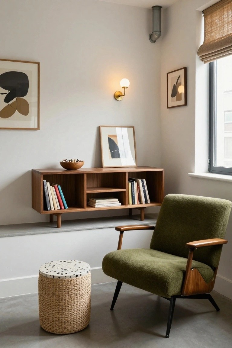 Indoor corner with a low wooden credenza holding books, stacked papers, and a wooden bowl of pencils, next to a green upholstered armchair on black legs, a woven basket stool with speckled top, abstract artworks on white walls, wall lamps, and a window with bamboo shades.