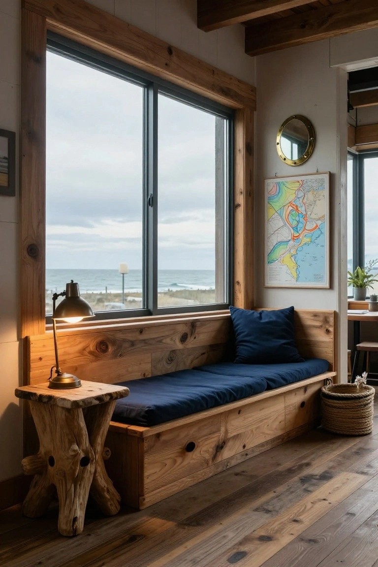 Wooden built-in bench seat with navy cushion under large black-framed sliding windows overlooking gray ocean and beach, brass adjustable lamp on driftwood stool, brass porthole mirror, colorful nautical map poster, potted plant, and woven basket on wood plank floor.