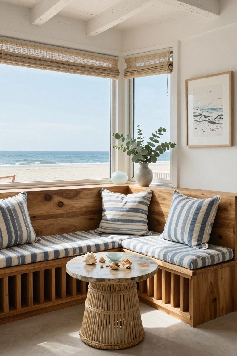 Wooden built-in L-shaped window bench with blue and white striped cushions, round rattan table topped with seashells, eucalyptus in vase, large windows showing beach view and bamboo shades.