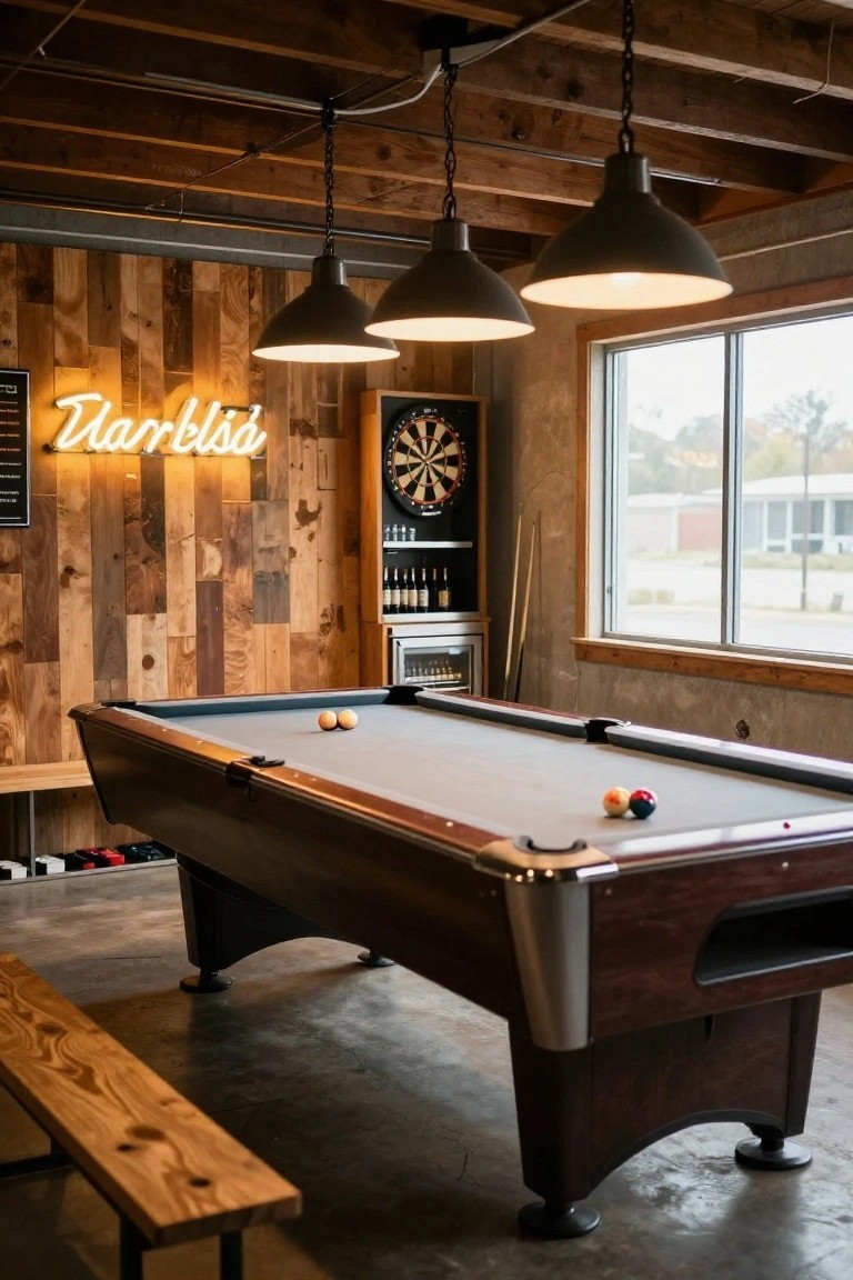 A stylish game room with a pool table, dartboard, wooden accents, and cozy lighting.