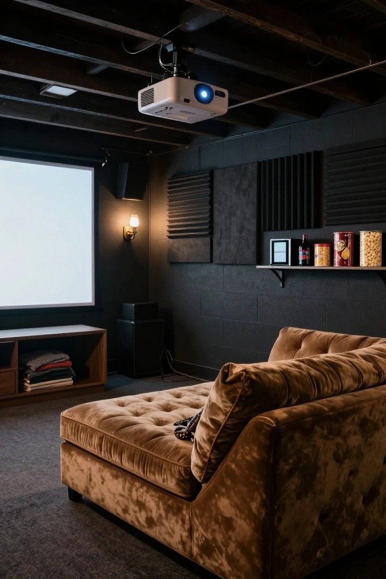 Dimly lit unfinished basement room converted into a home theater featuring a ceiling-mounted projector on a white screen, brown tufted velvet chaise lounge sofa, black acoustic wall panels, wood subwoofer speaker, wall lamp, and snack shelf.