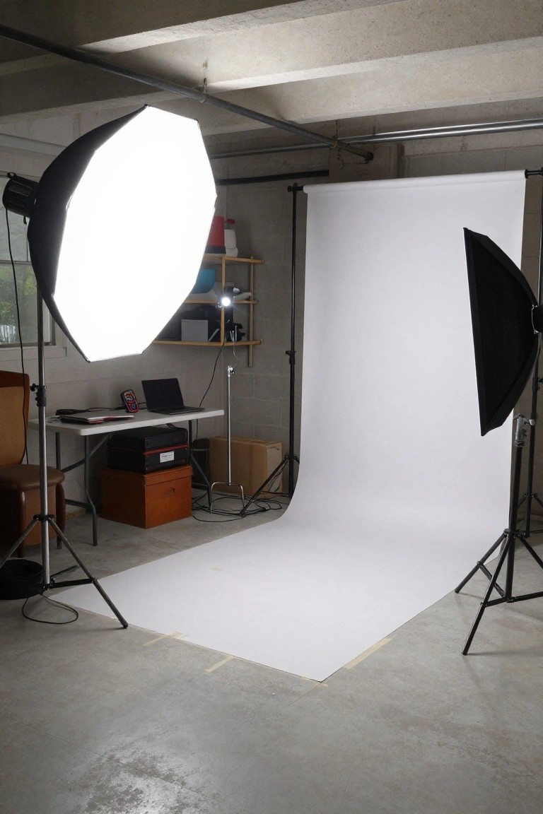 Unfinished basement with photography equipment including softbox lights, white seamless backdrop on stands, work table with laptop and storage boxes, and metal shelving units.