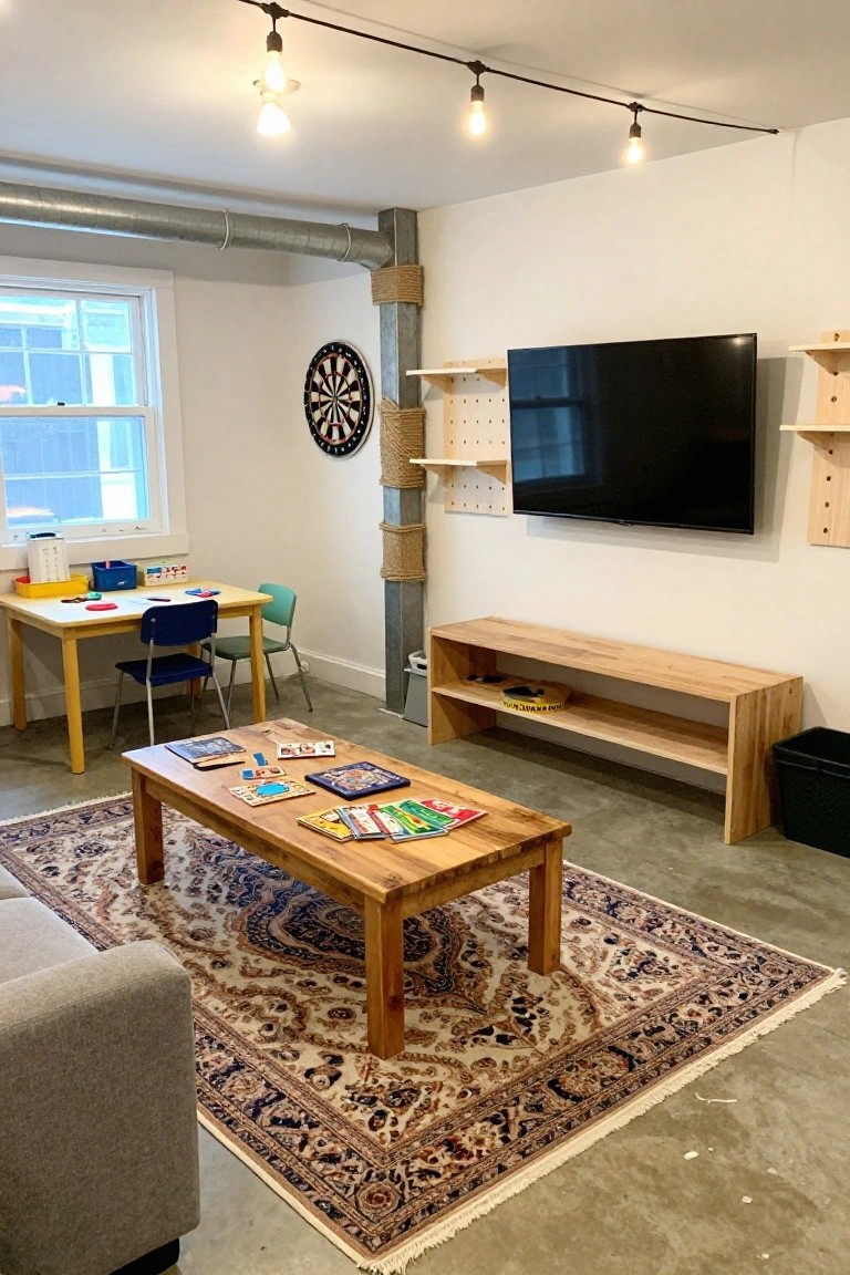Unfinished basement room featuring exposed ductwork and beams wrapped in rope, wooden coffee table and shelves on a Persian rug over concrete floor, kids' yellow play table with toys, wall-mounted TV, and dartboard.