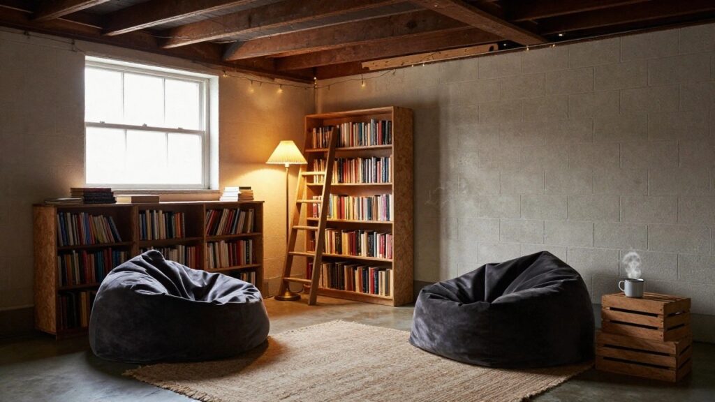 Small basement room with exposed wooden beam ceiling and concrete walls, featuring tall wooden bookshelves filled with books, a leaning wooden ladder, string lights, a lamp, brown bean bag chair, jute rug, wooden crate side table, and blue mug on concrete floor.