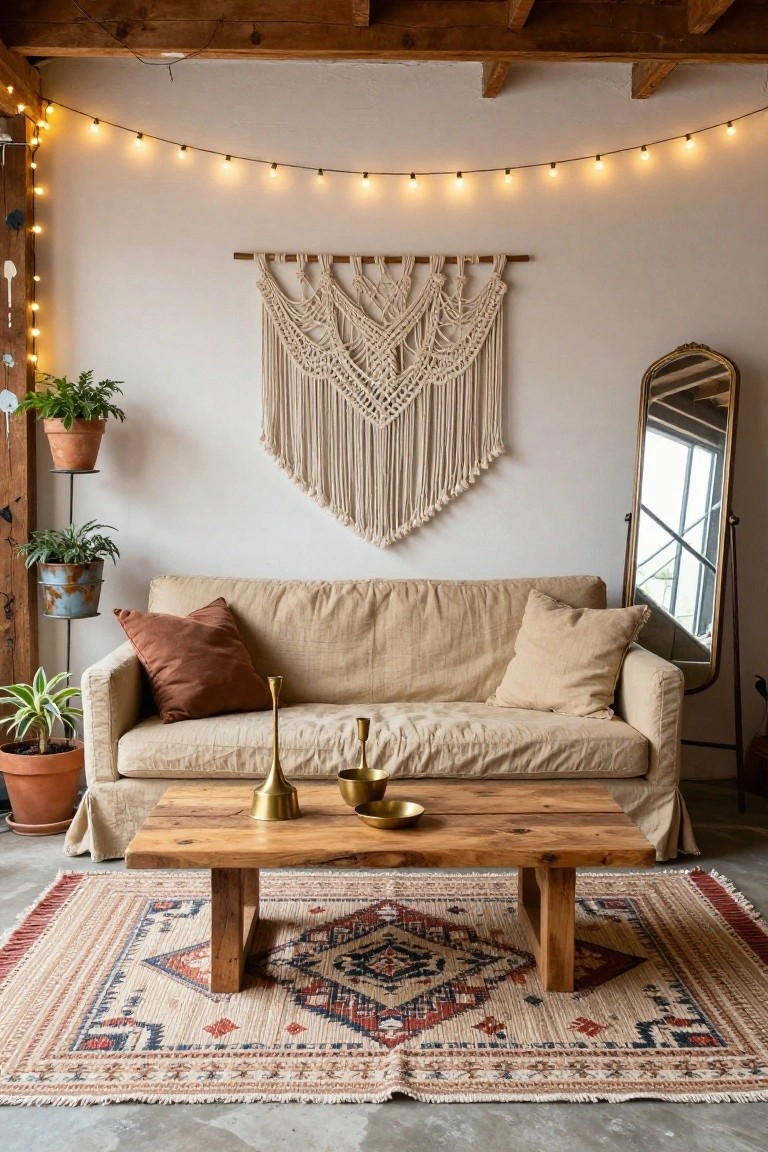 Cozy living room setup in an industrial basement with exposed wood beams, concrete floor, beige linen sofa, wooden coffee table on a patterned rug, large macrame wall hanging, potted plants on stands, string lights, and a tall arched mirror.