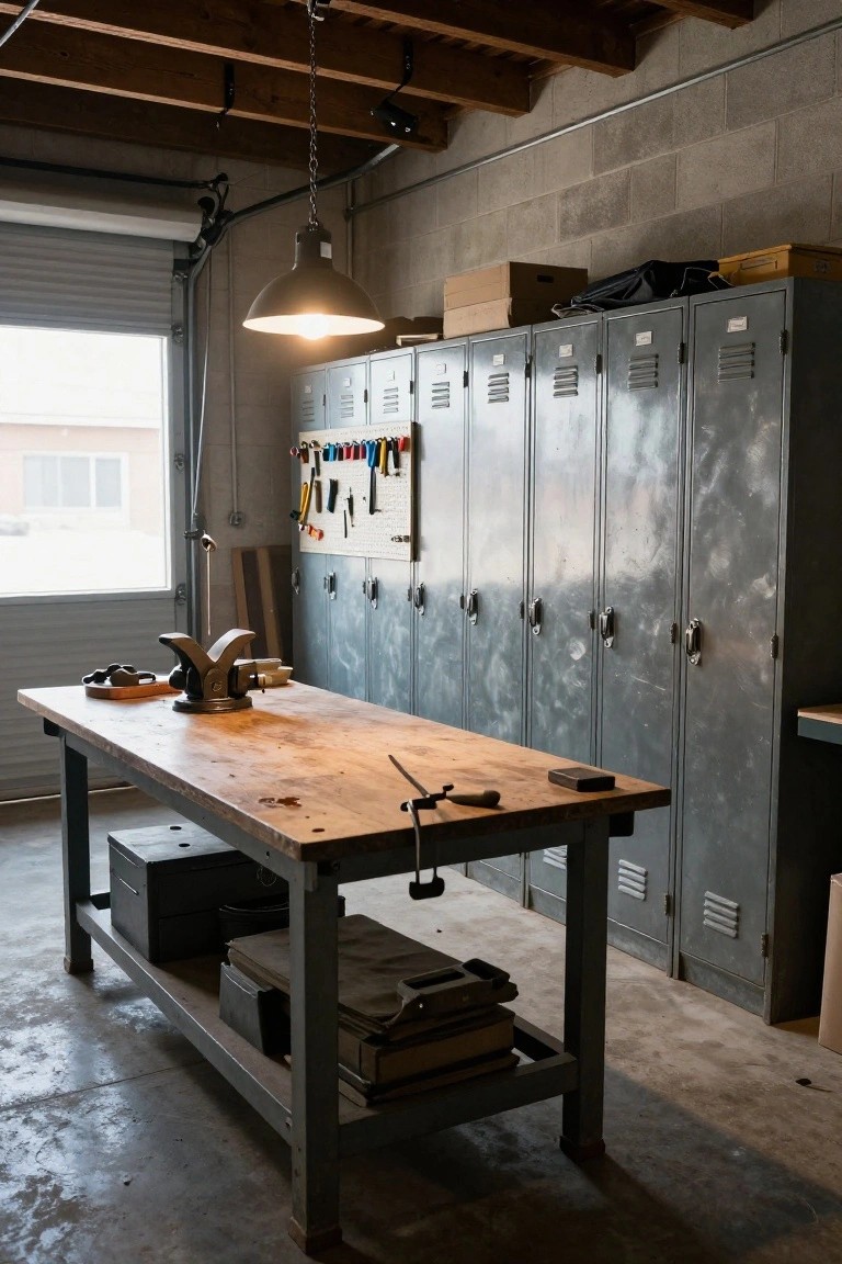 Workshop interior with wooden workbench centered, row of gray metal lockers against concrete block wall, pegboard with tools, exposed beam ceiling, and open garage door.