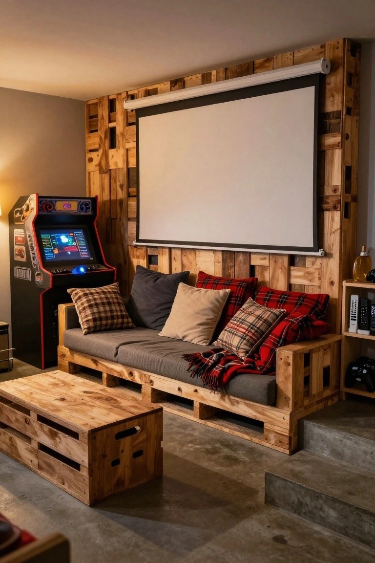 Unfinished basement room with wooden pallet-built couch topped with gray cushions, plaid pillows, and a blanket, wooden pallet coffee table, red arcade machine, projector screen on pallet wall, and concrete steps.
