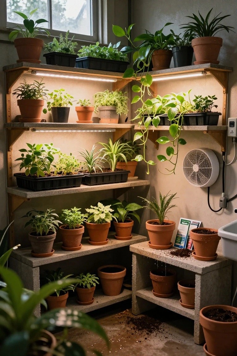 Wooden tiered shelving unit in a basement corner filled with assorted potted plants, seedlings, and trays under integrated LED grow lights, with lower concrete stands holding terracotta pots, a wall fan, and some spilled soil on the floor.