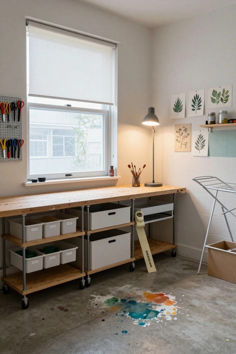 Wooden workbench on metal legs and casters in a brightly lit unfinished basement room with white storage bins, craft tools, potted plants, and a colorful paint spill on the concrete floor.