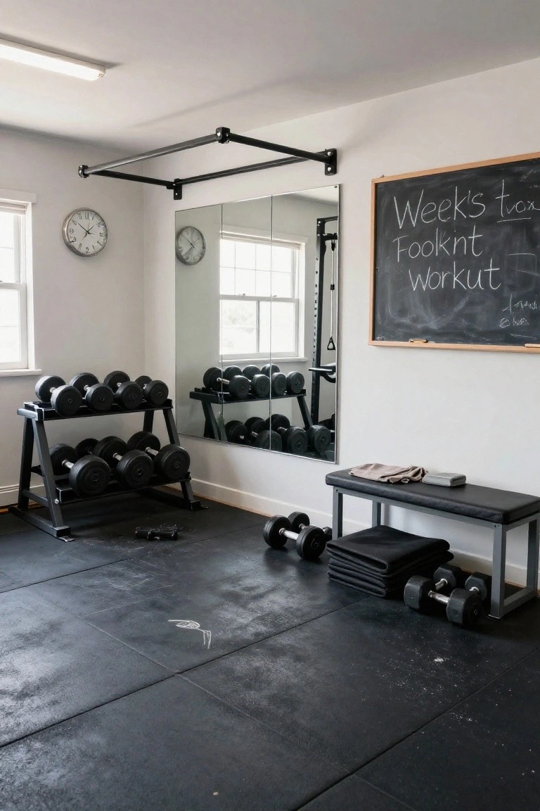 Home gym in a room with black rubber tile floor, A-frame dumbbell rack holding various weights, metal weight bench with towels, loose dumbbells, pull-up bar mounted on wall, large wall mirror, clock, and chalkboard with handwritten workout notes.