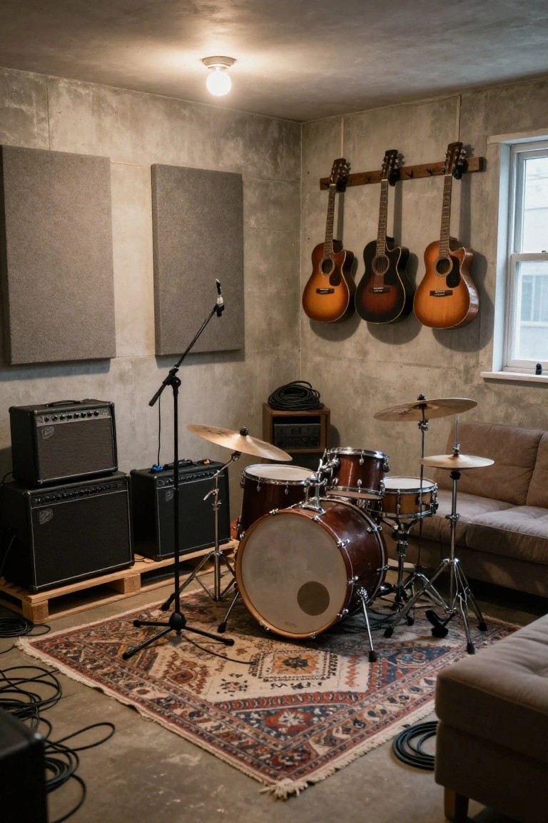 Unfinished basement music room with exposed concrete walls and floor, drum set, guitar amps on wooden pallets, wall-mounted guitars, microphone stand, couch, and large patterned rug.