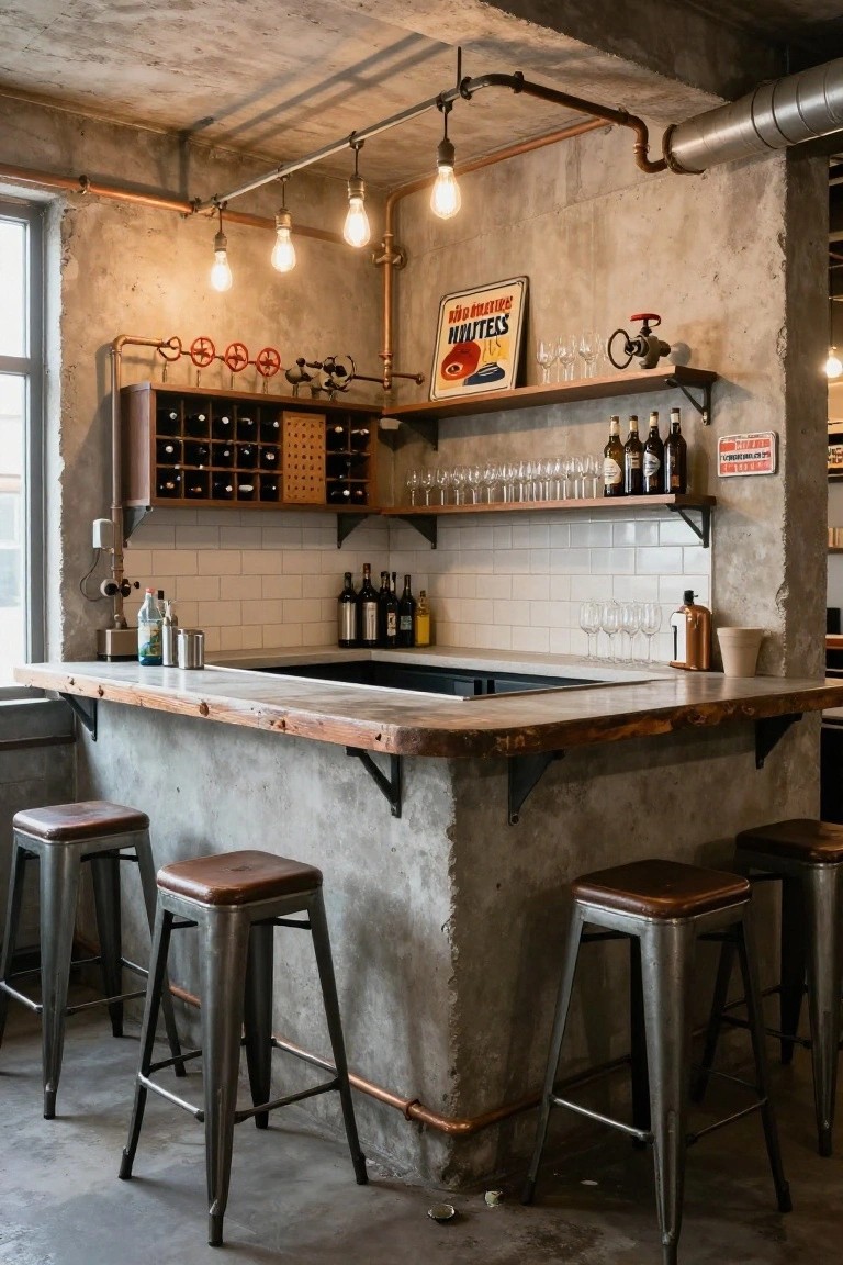 Industrial basement bar area with exposed concrete walls and ceiling pipes, rustic wooden countertop, leather-topped metal stools, wine racks, glassware shelves, and bottles.