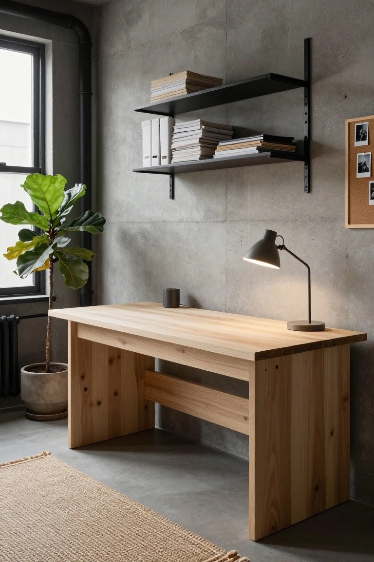 Light wooden desk with cross braces in a room featuring gray concrete walls, black metal shelves with books and binders, a fiddle leaf fig plant in a pot, desk lamp, and black window frame.