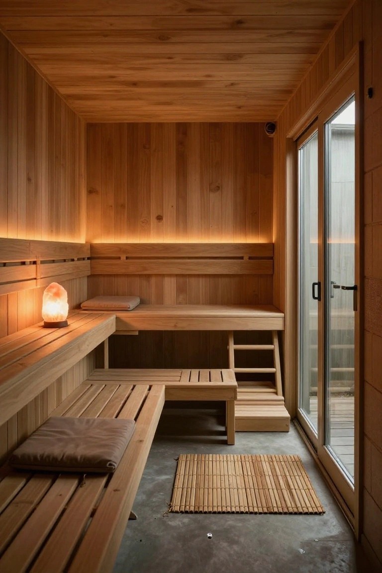 Interior view of a cedar wood-paneled sauna room with tiered benches, a lit salt crystal lamp, ambient LED lighting strips, cushions on seats, and a glass sliding door to the outside.