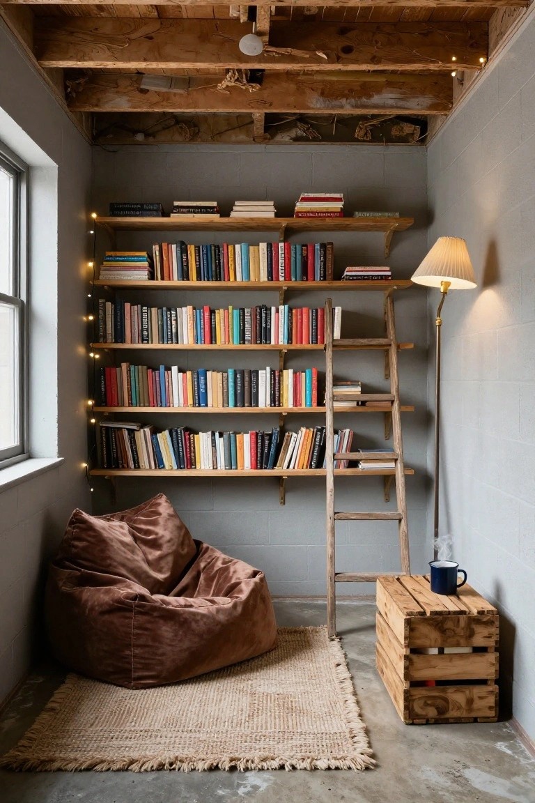 Small basement room with exposed wooden beam ceiling and concrete walls, featuring tall wooden bookshelves filled with books, a leaning wooden ladder, string lights, a lamp, brown bean bag chair, jute rug, wooden crate side table, and blue mug on concrete floor.