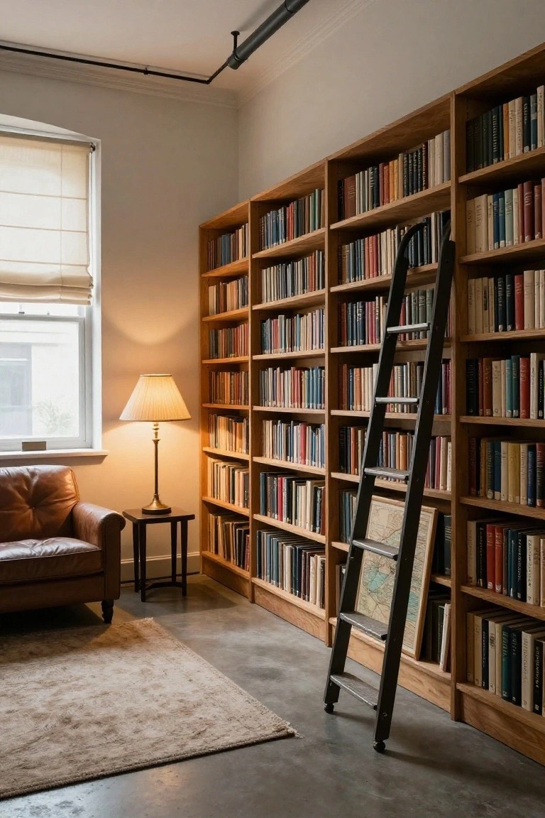 Room with tall wooden bookshelves on walls, black rolling ladder, leather armchair, side table with lamp, beige rug on concrete floor, and window with shade.