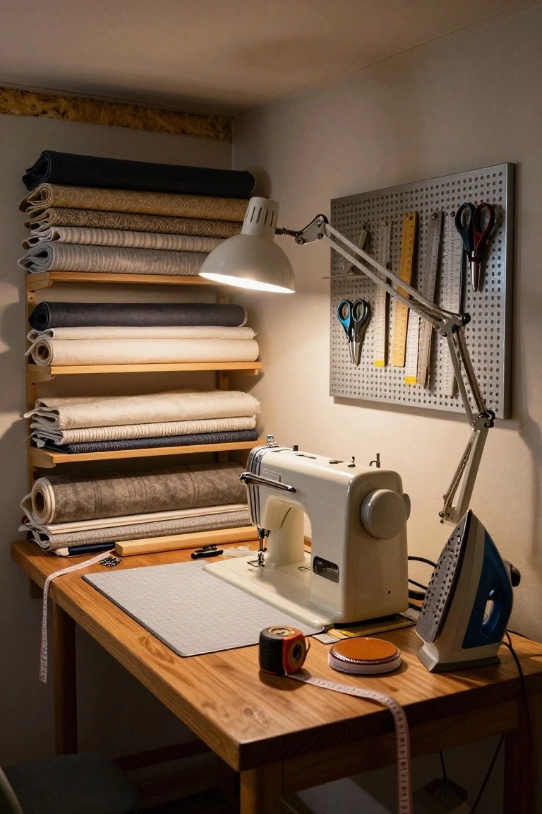 Wooden shelves in a small basement room stacked with rolls of various fabrics, a white sewing machine on a wooden table, blue iron, pegboard with tools, and adjustable lamp.