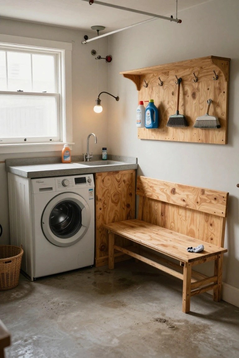 Basement laundry room with white front-loading washer, gray concrete sink countertop, wooden pine wall shelf holding blue detergent bottle, brooms, and brushes, wooden bench with sock on seat, wicker basket, and concrete floor.