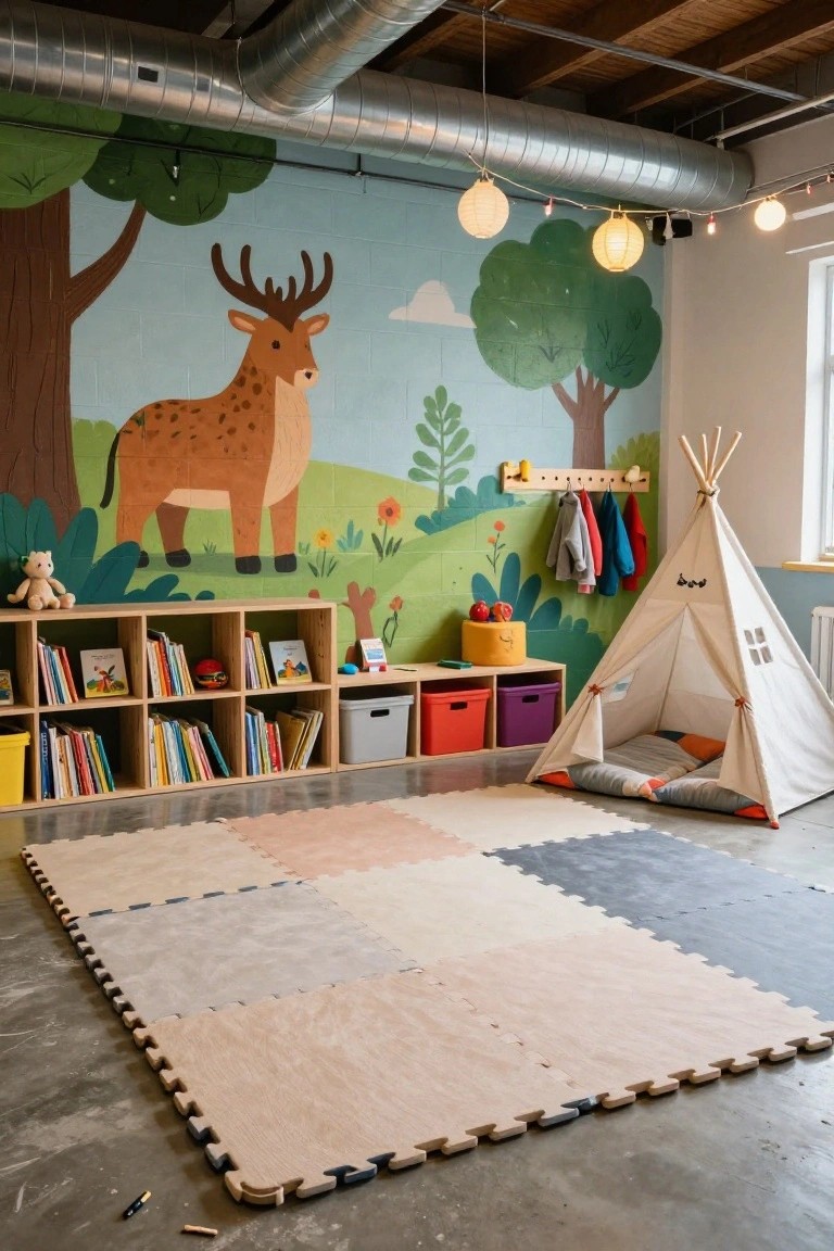 Children's playroom in an unfinished basement with a colorful forest mural on cinderblock walls, wooden bookshelves with books and toys, a small white play tent with cushions, hanging clothes on pegs, and large foam play mats on the concrete floor.