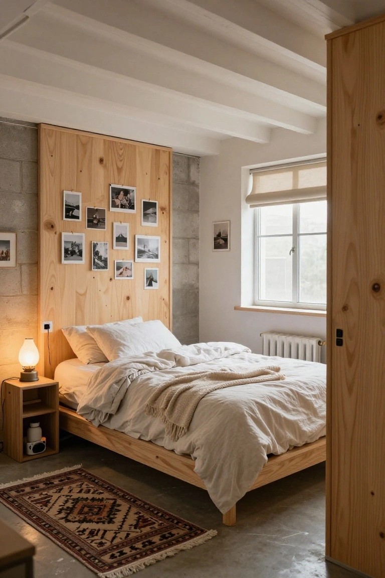 Bedroom in unfinished space with vertical pine wood panel headboard against concrete block wall, multiple polaroid photos pinned to wood, low wood platform bed with rumpled white sheets and beige throw, nightstand with green lamp and white speaker, small patterned rug on concrete floor, open wooden wardrobe door.