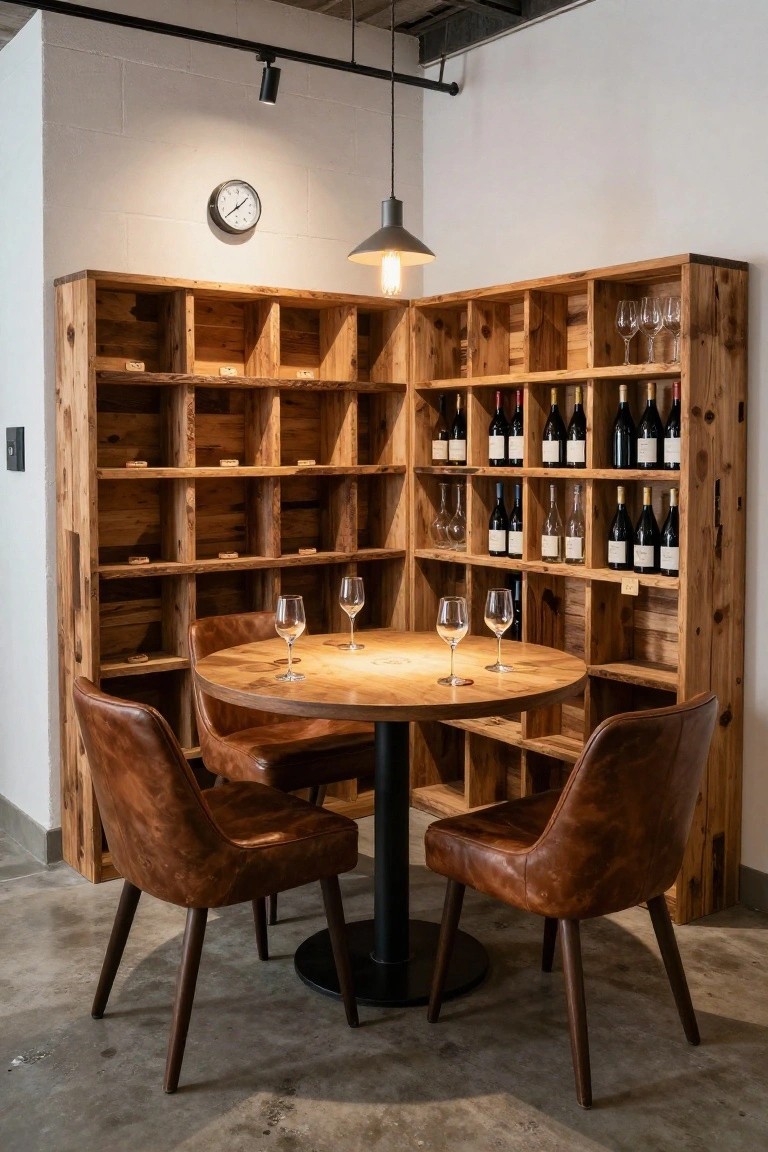 Corner interior with tall wooden open shelves stocked with wine bottles and glasses surrounding a round wooden table with four brown leather chairs and stemware.