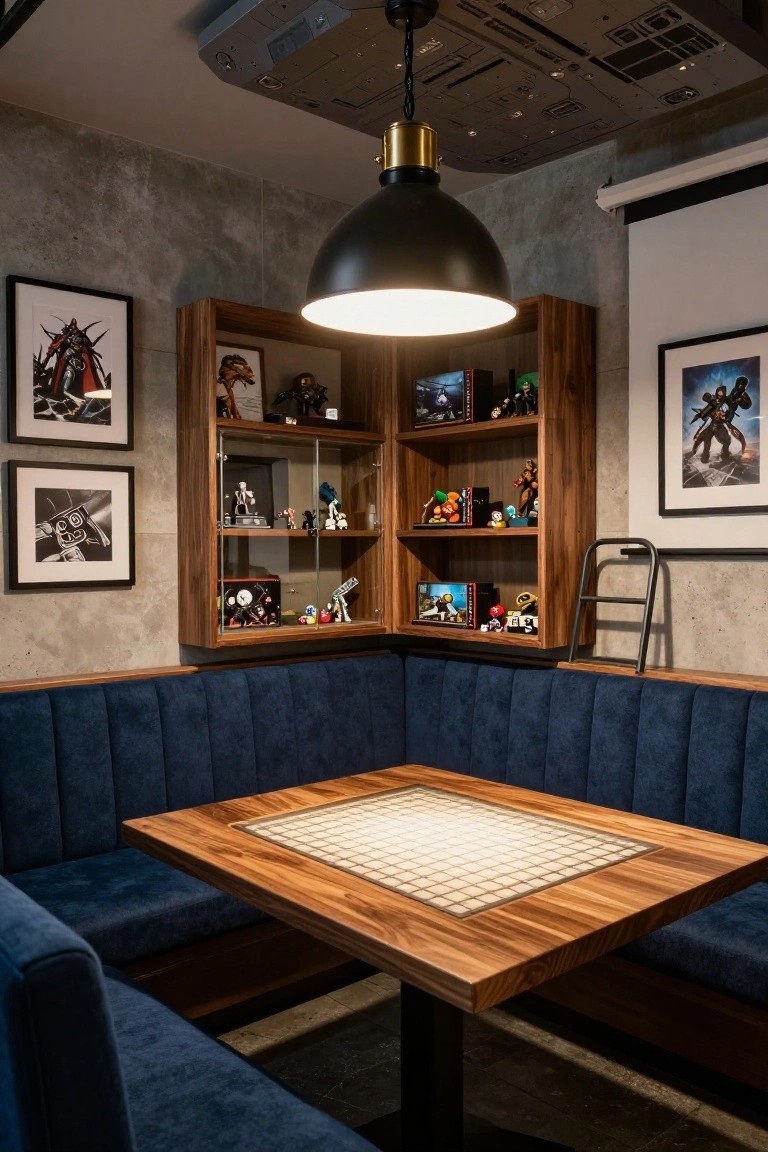 Corner booth with navy blue tufted cushions around a wooden table with go board inlay, flanked by wooden display cabinets filled with toys, action figures, and games in an industrial room.