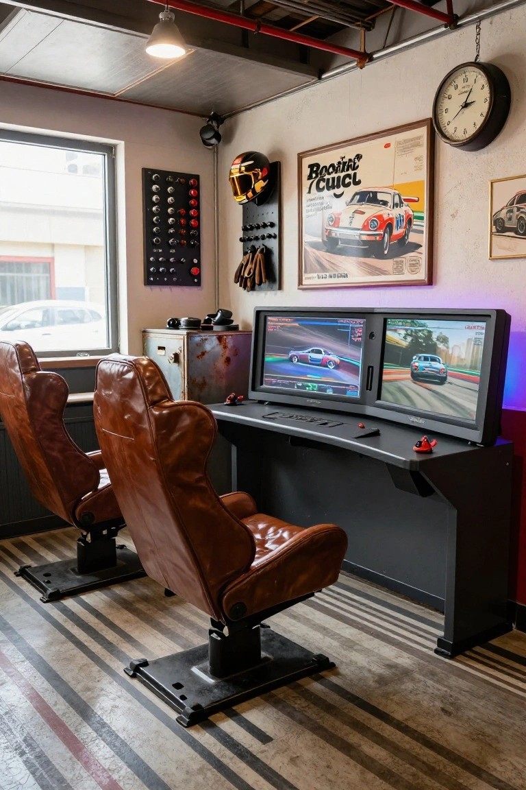 Interior of an industrial-style gaming room with two brown leather racing bucket seats at a curved black desk holding dual flat screens displaying racing video games, surrounded by car posters, helmets, and metal wall panels.