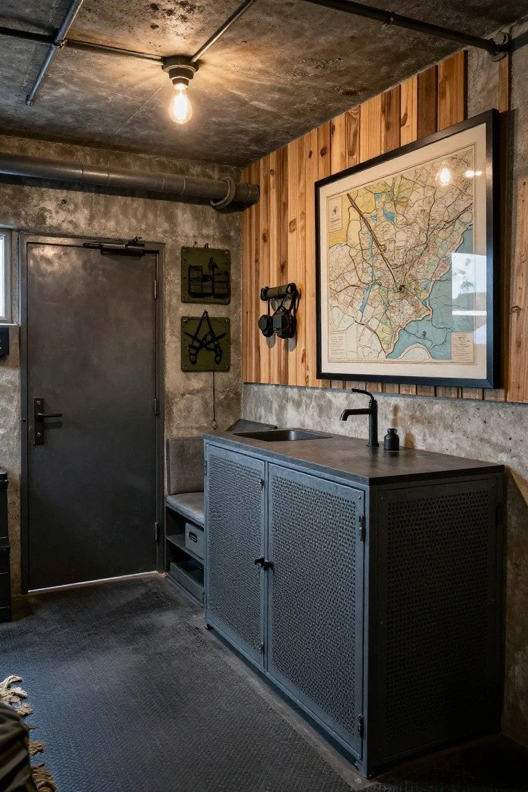 Industrial interior with grey metal door, wood wall displaying army patches and large framed map, sink in perforated metal cabinets, exposed pipes overhead, and concrete floor.