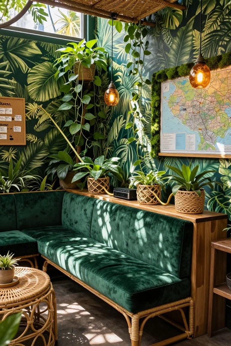 Indoor corner lounge with emerald green velvet L-shaped sofa, dark green tropical leaf wallpaper, multiple potted and hanging plants, rattan table and baskets, pendant lamps, corkboard, and framed world map.
