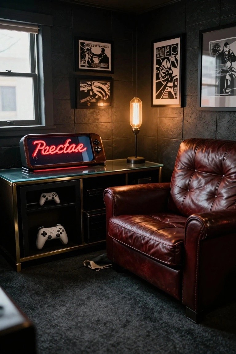 Dark corner room with black textured walls, a glass-topped brass desk holding a red neon arcade-style sign reading 