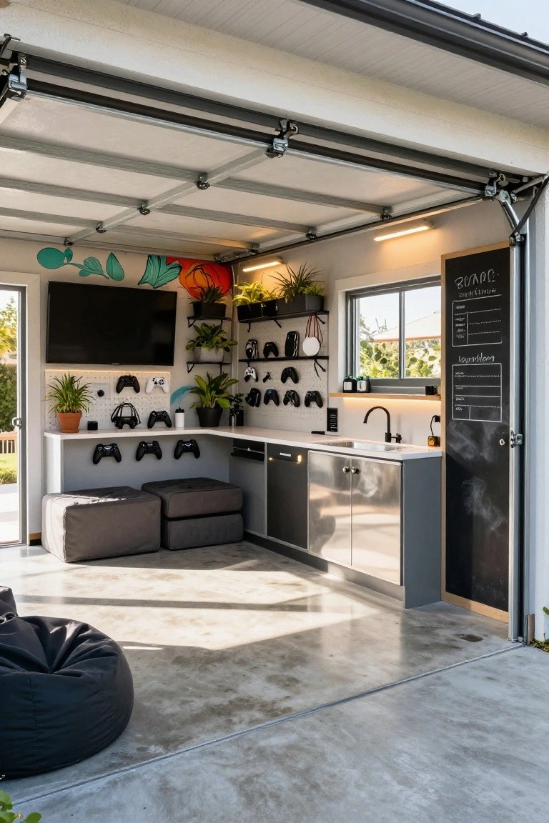 Garage interior converted into a gaming room with open door, featuring wall-mounted pegboards and shelves holding multiple Xbox and Nintendo Switch controllers, a large TV, kitchenette counter with sink, potted plants, and gray seating poufs on polished concrete floor.