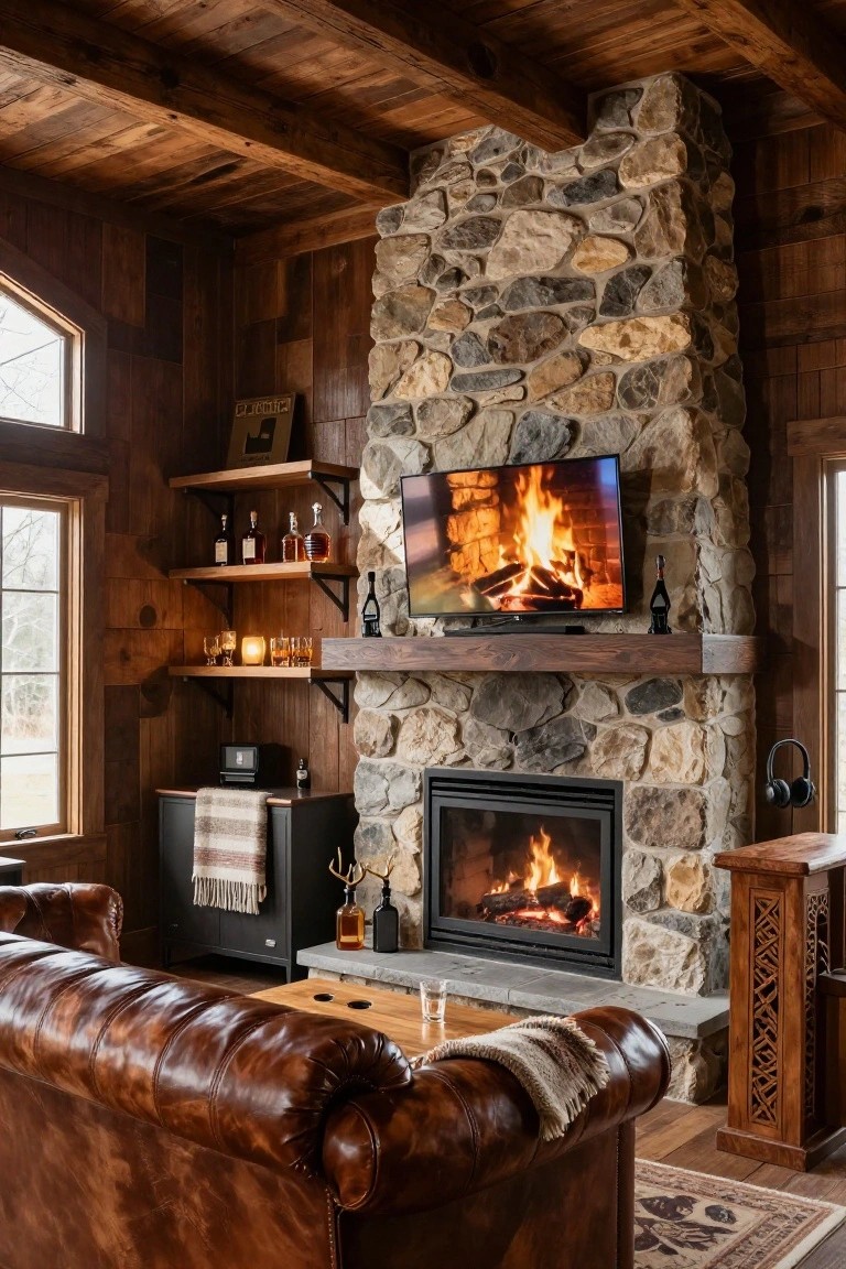 Rustic interior room with wooden walls and beamed ceiling, tall irregular stone fireplace with burning gas logs, flat-screen TV mounted above showing fire, whiskey bottles on shelves, brown leather sofas, plaid throw, and small bar cabinet.