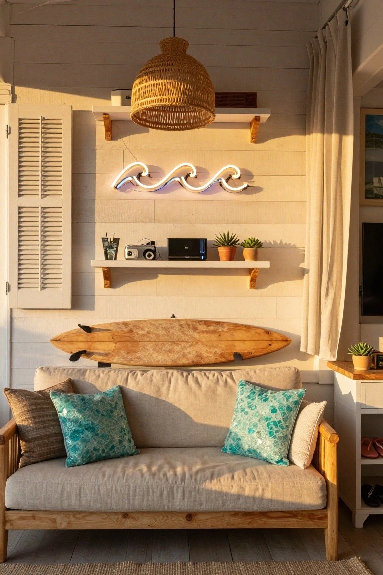 Beach-themed interior room with white shiplap walls, a wooden surfboard mounted horizontally on the wall, neon wave sign, rattan pendant light, wooden sofa with teal and brown pillows, shelves with plants and camera, and seagrass rug.