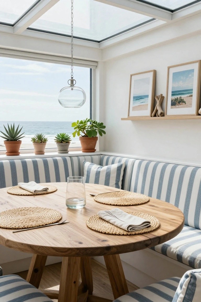 Sunroom nook with skylight ceiling, ocean-view windows lined with potted succulents, built-in blue-and-white striped banquette seating around a round wooden table set with seagrass placemats, white napkins, and a glass of water.