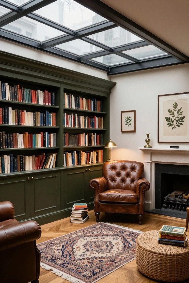 Cozy reading room interior with dark green built-in bookshelves lining walls, two tufted leather armchairs, marble fireplace, brass lamp, Persian rug, wicker stool with stacked books, and large glass skylight ceiling.